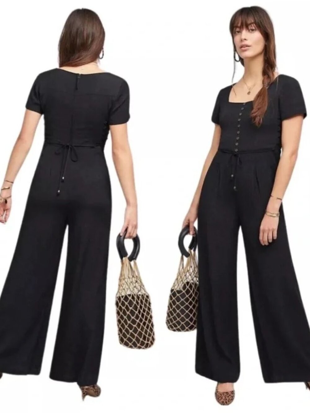 Anthropologie Maeve Sienna Black Button-Front Wide-Leg Jumpsuit Size 6